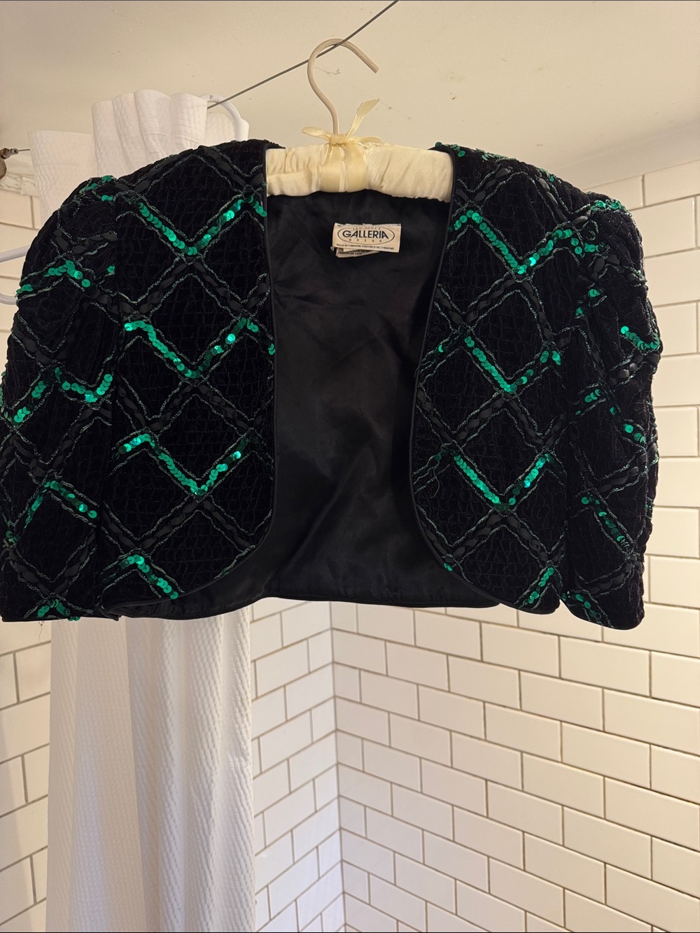 80s black velvet and green sequin bolero jacket medium
